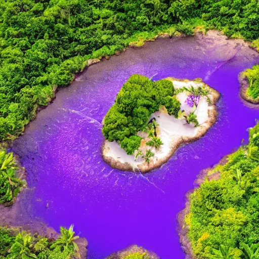 Prompt: purple lava flowing from tropical jungle island into lagoon with pirate ship