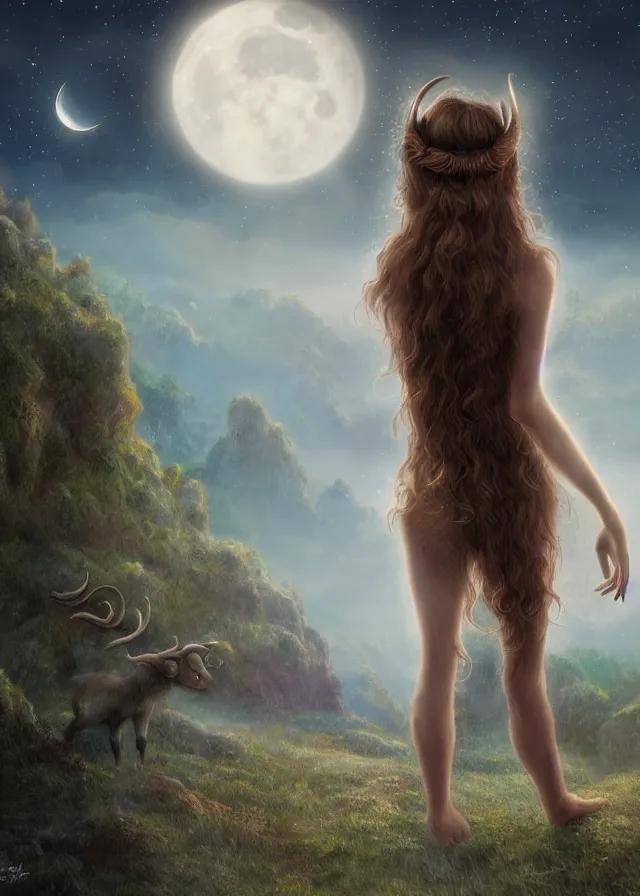 Prompt: a highly detailed matte painting of a beautiful faun girl with curly brown hair down her back, contemplative, under the stars, moonlight, hope sandoval, stephanie leonidas, helena bonham carter, hd, concept art, artstation, deviantart