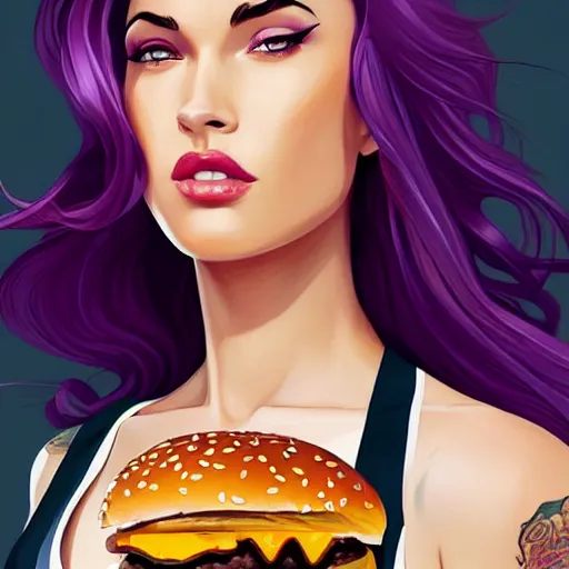 Prompt: beautiful Megan Fox purple hair tattoos eating a big mac hamburger, full body fantasy art icon, 2d art gta5 cover, dripping BBQ Sauce, serving burgers, official fanart behance hd artstation by Jesper Ejsing, by RHADS, Makoto Shinkai and Lois van baarle, ilya kuvshinov, rossdraws