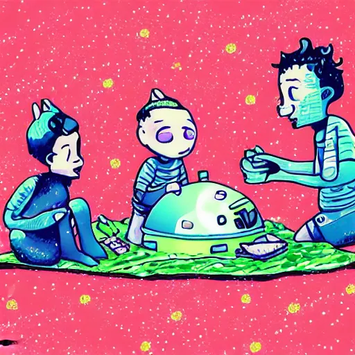 Prompt: “Aliens on a picnic on the moon, digital painting”