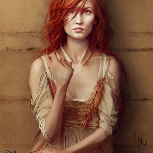Prompt: a rustic woman wearing a silk dress, detailed face, redhead, full body, by greg rutkowski, mandy jurgens