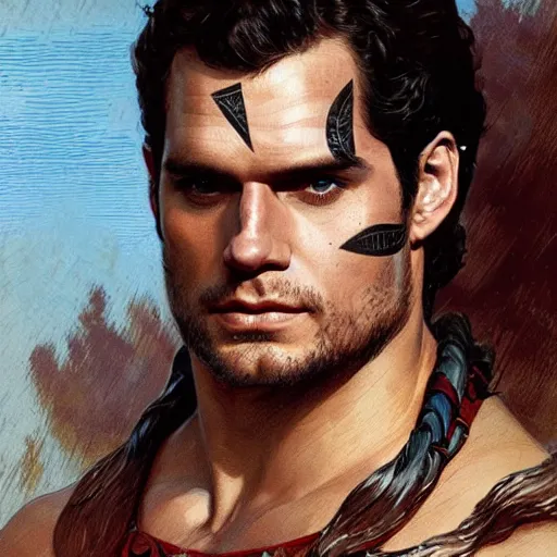 Image similar to Henry Cavill as an Aztec warrior, athletic , face paint, muscular, intricate, highly detailed, digital painting, artstation, concept art, sharp focus, illustration, art by greg rutkowski and alphonse mucha