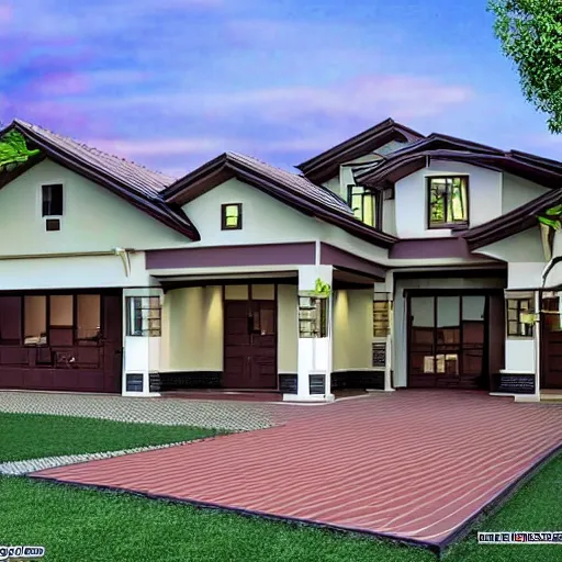 Prompt: a verry cool house that is one floor house with 4 bedrooms and 4 bathrooms and kitchen and a two door garage