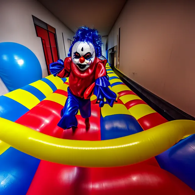 Image similar to , chased by a scary clown in an endless corridor made of bouncy castle, highly detailed, 8 k, hdr, smooth, sharp focus, high resolution, award - winning photo