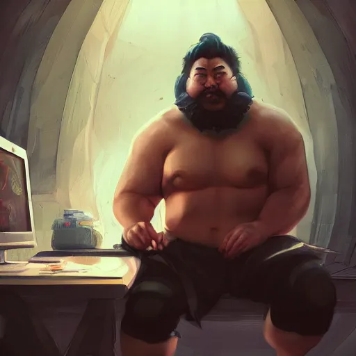 Prompt: a insanely detailed painting of a thick asian man wearing a homemade superhero costumed, sitting at a computer desk typing on the keyboard, in the style of peter mohrbacher, dramatic lighting and composition, trending on artstation, concept art, comic book, graphic novel