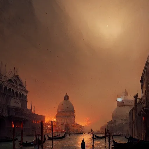 Image similar to venice in a post apocalyptic earth as seen by greg rutkowski, dark theme, enchanted, warm colors, high quality, waw, trending on artstation