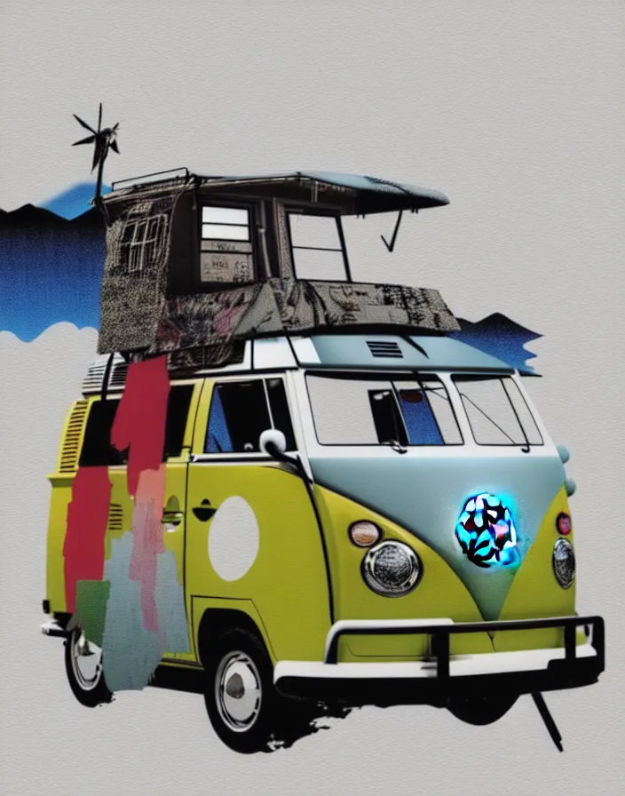 Image similar to front view vw camper touring rural japan, a collage painting, in the style of wes anderson, lola dupre, david hockney, isolated on negative white space background dark monochrome fluorescent spraypaint accents volumetric octane render, no double figure