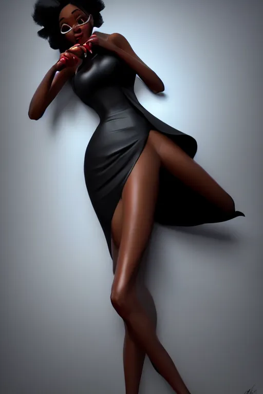 Prompt: beautiful black femme fatale woman wearing cocktail dress and heels, pixar, volumetric lighting, epic composition, hyper detailed, ultra realistic, sharp focus, octane render, volumetric, ray tracing, artstation trending, cgsociety, sense of awe, 4 k