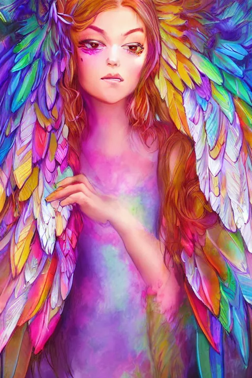 Prompt: wonderdream faeries lady feather wing digital art painting fantasy bloom vibrant snyder zack and swanland raymond illustration character design concept colorful joy atmospheric lighting butterfly