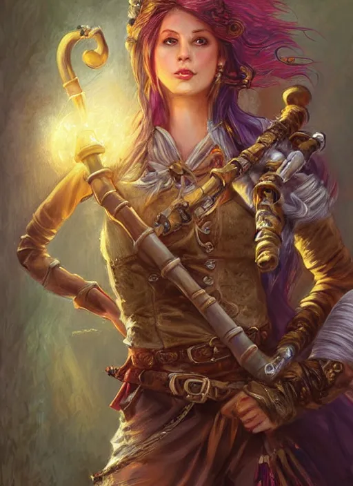 Image similar to female bard playing bagpipe, ultra detailed fantasy, dndbeyond, bright, colourful, realistic, dnd character portrait, full body, pathfinder, pinterest, art by ralph horsley, dnd, rpg, lotr game design fanart by concept art, behance hd, artstation, deviantart, hdr render in unreal engine 5