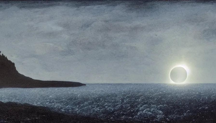 Image similar to solar eclipse in iceland, black sand, water, one tree, caspar david friedrich, dramatic, art station