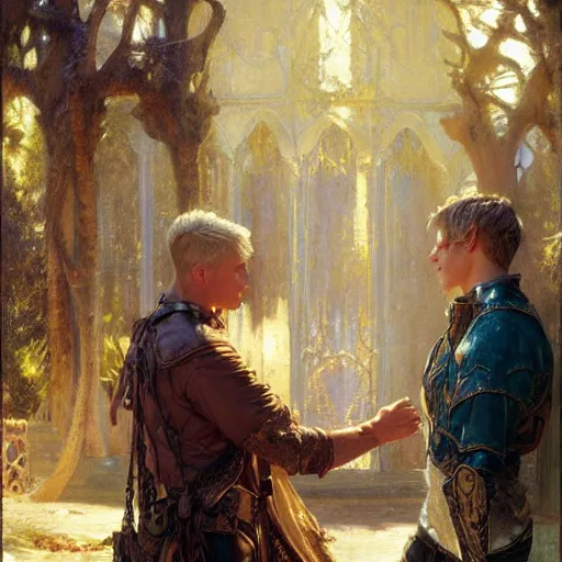 Image similar to attractive male arthur pendragon confesses his love to attractive male merlin. highly detailed painting by gaston bussiere, craig mullins, j. c. leyendecker 8 k