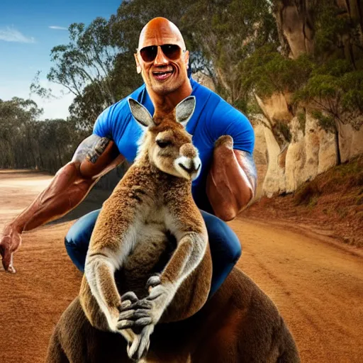 Image similar to dwayne johnson riding a kangaroo, studio photography, high detail, ultra high detail, 4 k, hdr, 8 k