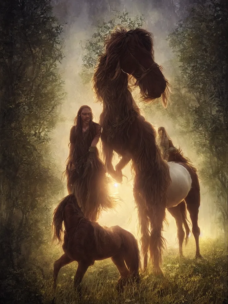 Prompt: a solarpunk portrait of a gorgeous Clydesdale horse with its human owner in the movie Annihilation, with mutated trees and fractal sunlight, award-winning, masterpiece, in the style of Tom Bagshaw, Cedric Peyravernay, Peter Mohrbacher