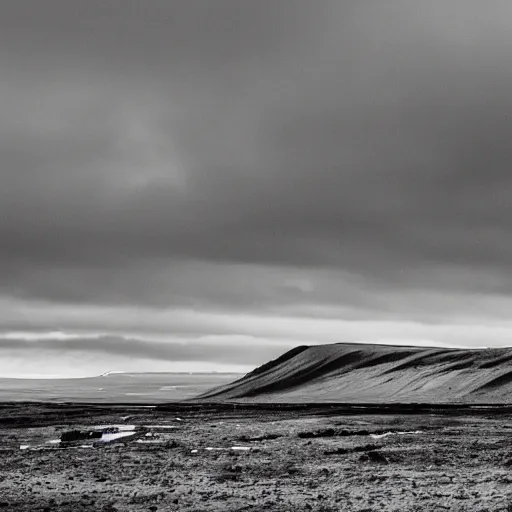 Prompt: a ww 2 photo of a battlefield in iceland. grainy, black and white, overcast sky.