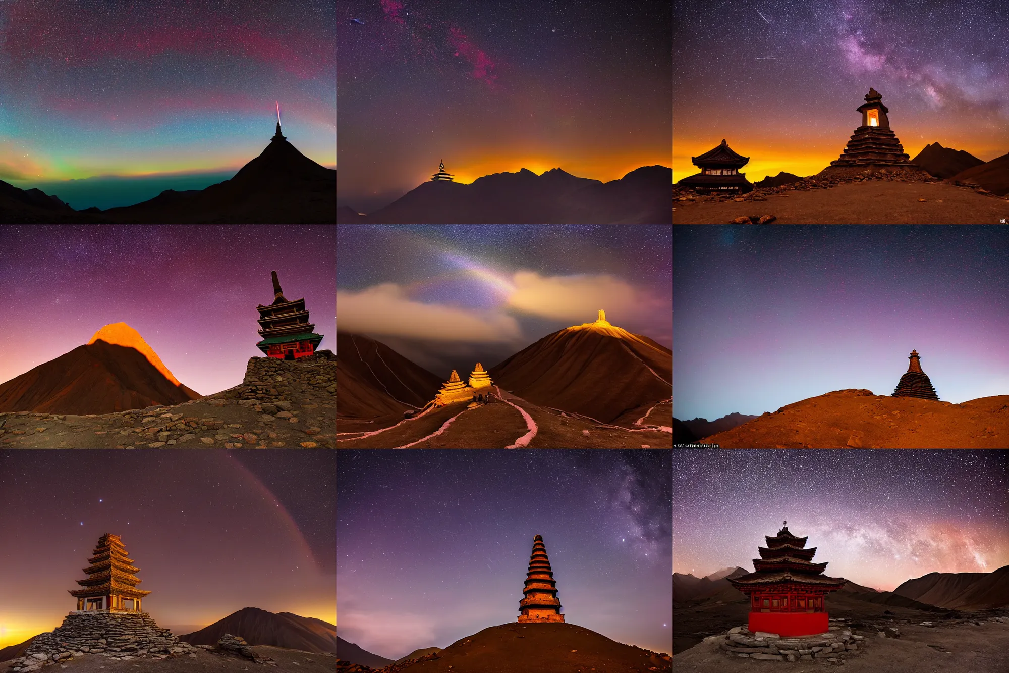 Prompt: ancient pagoda on vinicunca ( ( ( rainbow - colored mountain ) ) ) during meteor shower on blood moon, beautiful, stunning scenery