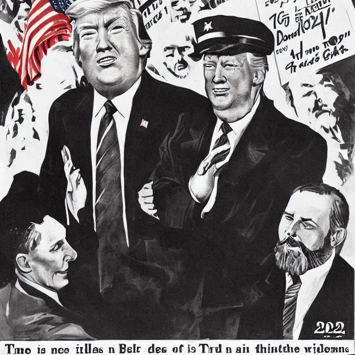 Image similar to bearded donald trump winning 2 0 2 4 presidential election in 1 9 4 0's style propaganda