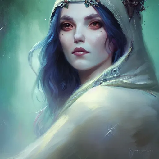 Image similar to portrait of a beautiful sorceress in an ornate hood, by charlie bowater, loish, peter mohrbacher, artgerm, greg rutkowski, krenz cushart, wlop