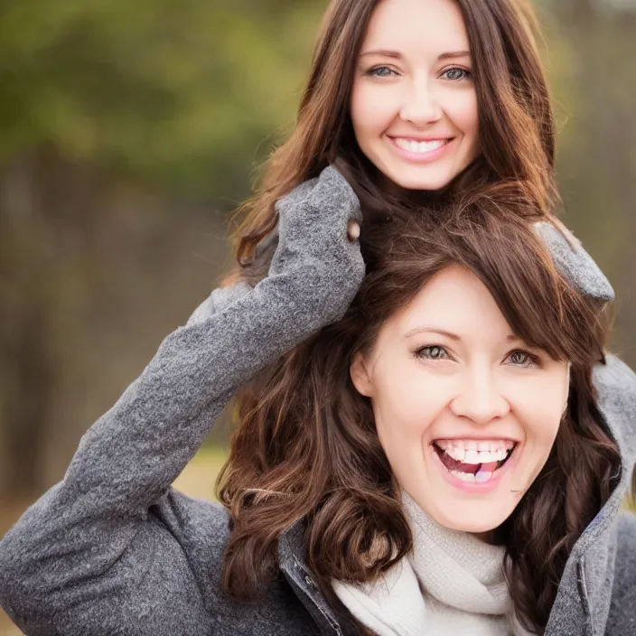 Image similar to a beautiful girl from minnesota, brunette, joyfully smiling at the camera opening her brown eyes. thinner face, irish genes, dark chocolate hair colour, wearing university of minneapolis coat, perfect nose, morning hour, plane light, portrait, minneapolis as background. healthy, athletic, in her early 2 8 s