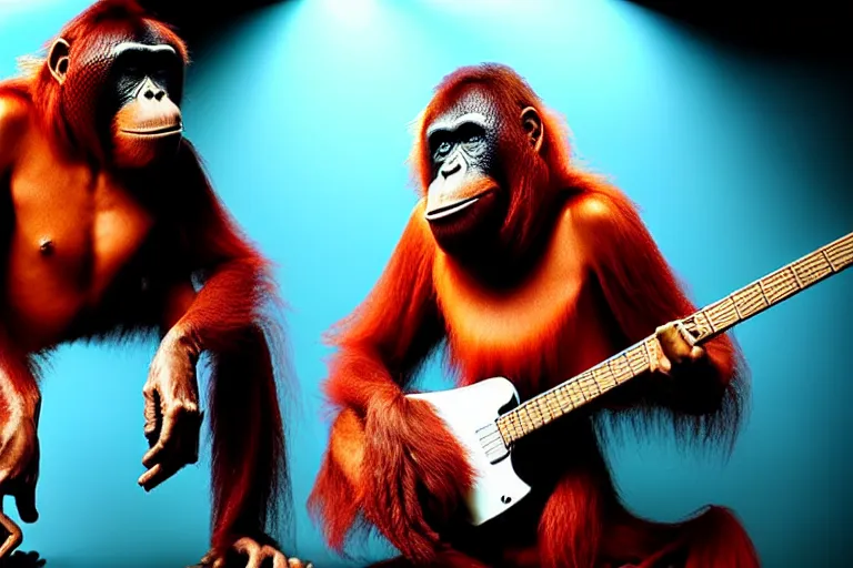 Prompt: vfx film, singing orangutan rockstar onstage concert, flat color profile low - key lighting award winning photography arri alexa cinematography, hyper real photorealistic cinematic beautiful, atmospheric cool colorgrade