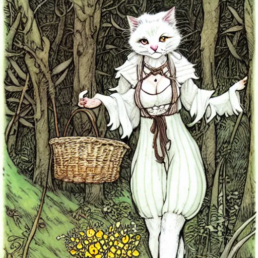 Prompt: A cute white-furred cat-girl Herbalist collecting flowers in the forest. Absurdly-detailed fantasy character illustration by Rebecca Guay and Wayne Reynolds