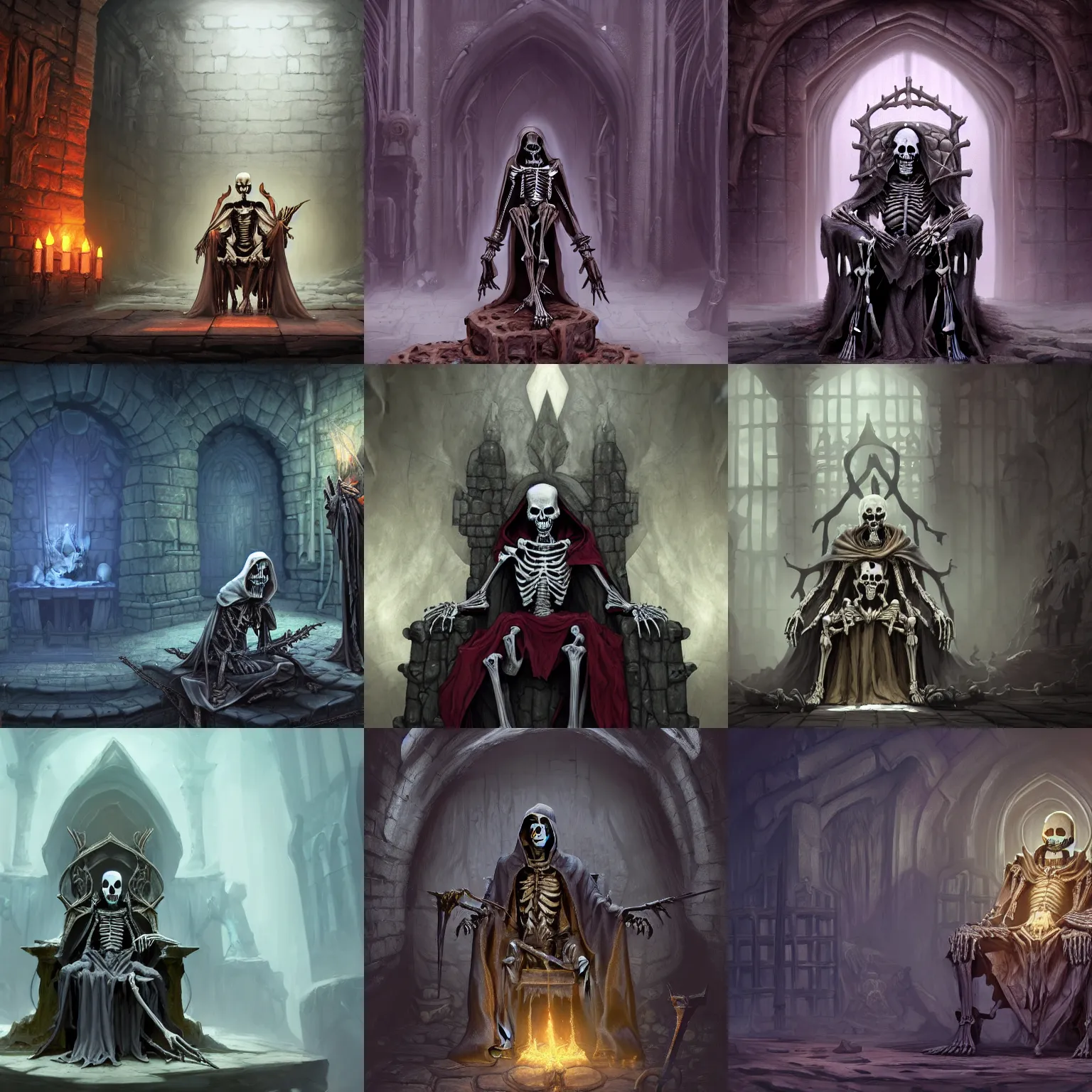 Prompt: skeletal lich wizard necromancer sitting on a throne inside dungeon crypt, wearing a stained hood, gray stone wall behind him by Stanley Artgerm Lau, WLOP, Rossdraws, James Jean, Andrei Riabovitchev, Marc Simonetti, and Sakimichan, Unreal Engine, 4k, trending on Artstation