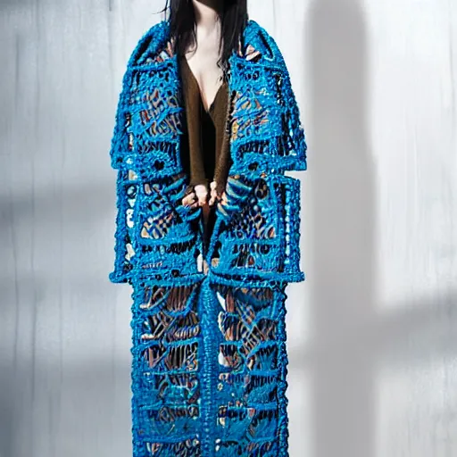 Prompt: fashion 2 0 5 0 fantastic openwork long coat with intricate pattern on a beautiful symmetrical girl with blue hair, hyper realistic photos