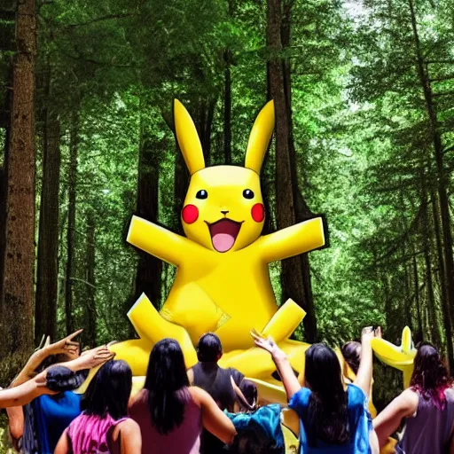 Image similar to photo of a group of people worshipping a giant pikachu in a forest