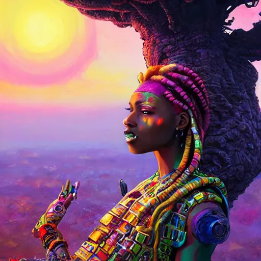 Image similar to a very regal african cyberpunk queen with colorful dreadlocks and lots of jewlery sitting on a cliff overlooking a field of colorful flowers with a giant glowing baobab tree in the middle, it is sunset, by greg rutkowski and android jones and Alena Aenami in a surreal cyberpunk! style, oil on canvas, highly detailed face, 8k hd,