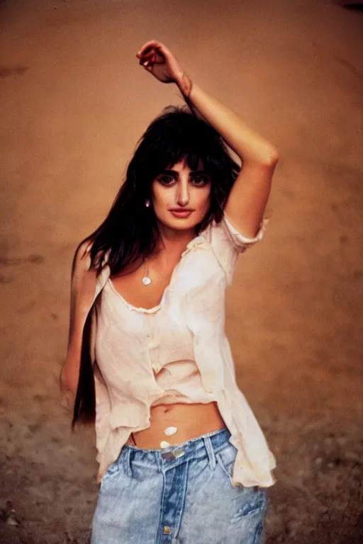 Image similar to penelope cruz, photo, portrait, mid - shot, 3 5 mm, kodak gold 2 0 0, warm lightning, lomography