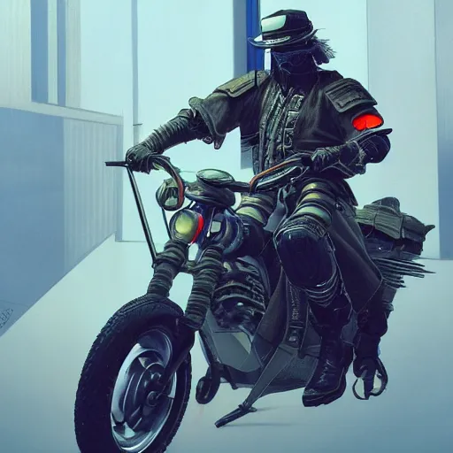 Image similar to extremely detailed realistic render of a cyberpunk samurai riding a motorcycle by James Jean, carig mullins and Syd mead perspective shot ArtStation, CGSociety