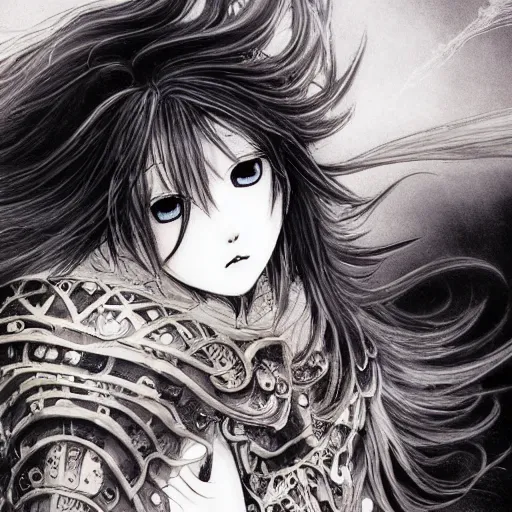 Image similar to yoshitaka amano blurred and dreamy illustration of an anime girl with black eyes, wavy white hair fluttering in the wind wearing elden ring armor with engraving, abstract black and white patterns in the background, noisy film grain effect, highly detailed, renaissance oil painting, weird portrait angle, blurred lost edges, three quarter view