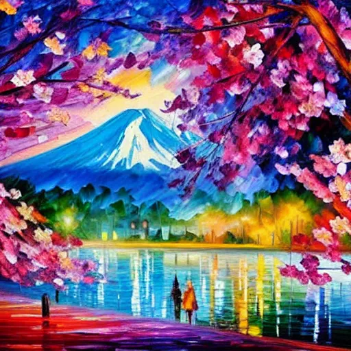 Prompt: beautiful leonid afremov highly detailed pastel watercolor painting of cherry blossoms in spring with mount fuji in the background. pastel colors, featured in art magazine