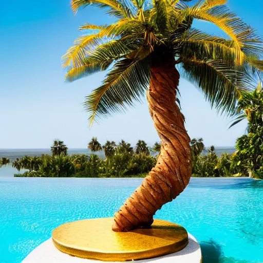 Prompt: palm tree with gold trunk growing out of infinity pool