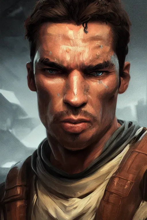 Image similar to portrait, bounty hunter, face portrait, raphael lacoste, eddie mendoza, alex ross, concept art, matte painting, highly detailed, rule of thirds, dynamic lighting, cinematic, detailed, denoised, centerd