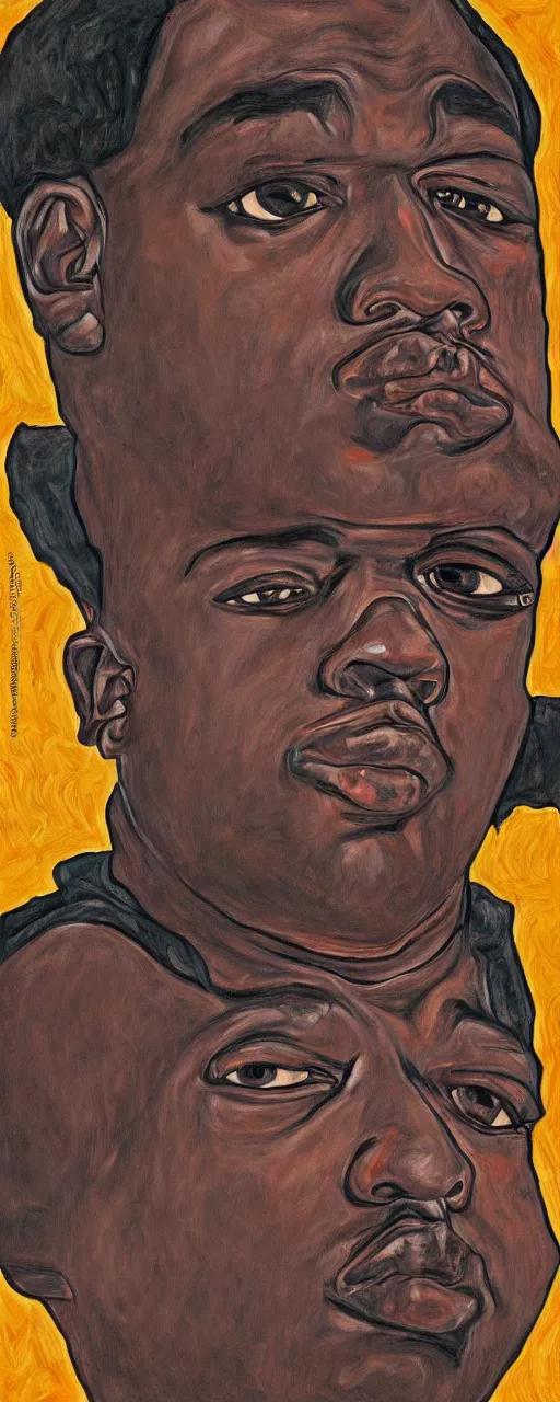 Image similar to a portrait of biggie smalls in style of egon schiele, masterpiece, hyperdetailed, complex, intricate, 4 k, trending on artstation