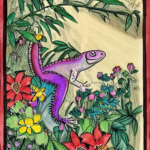 Image similar to a beautiful little lizard stands on a porch dotted with many flowers, fairytale illustration