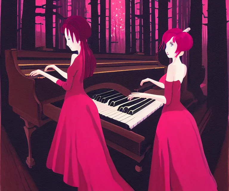 Prompt: a painting of a beautiful face gothic girl, pink hair in a stunning red dress playing a piano in the dark snowy forestby randolph stanley hewton, cg society contest winner, matte painting studio ghibli, fantasy, medium shot, asymmetrical, intricate, elegant, matte painting, illustration