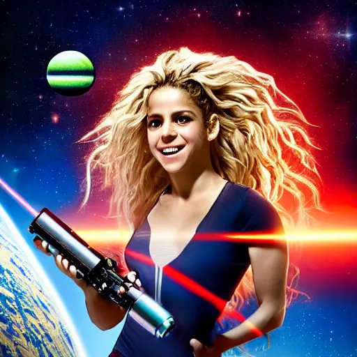 Image similar to of a dynamic movie poster of shakira as a hero sci fi space cosmonaut holding a raygun in a nice action pose, there is an explosion on the background of a space station blowing britney's hair and lighting her with a rim light, she is laughing, f 2. 8, advertising studio lighting,