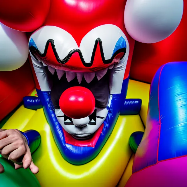 Prompt: , chased by a scary clown in an infinite liminal space made of bouncy castle, highly detailed, 8 k, hdr, smooth, sharp focus, high resolution, award - winning photo