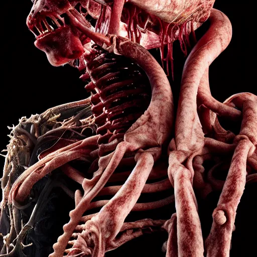 Prompt: still life of an alien, draped in rotten meat, human spine and nerves, beautiful detailed intricate insanely detailed octane render, 8K artistic photography, photorealistic, chiaroscuro, by David Cronenberg, Raphael, Caravaggio