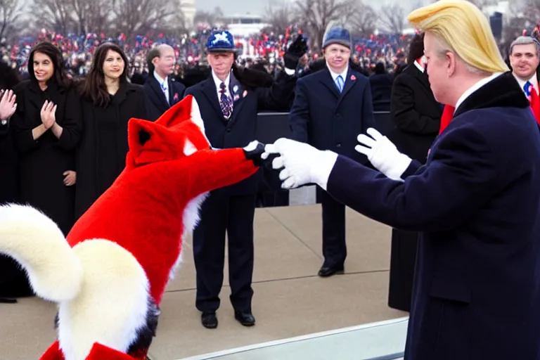 Prompt: photo of the usa presidential inauguration, a fox fursuiter being inaugurated as president