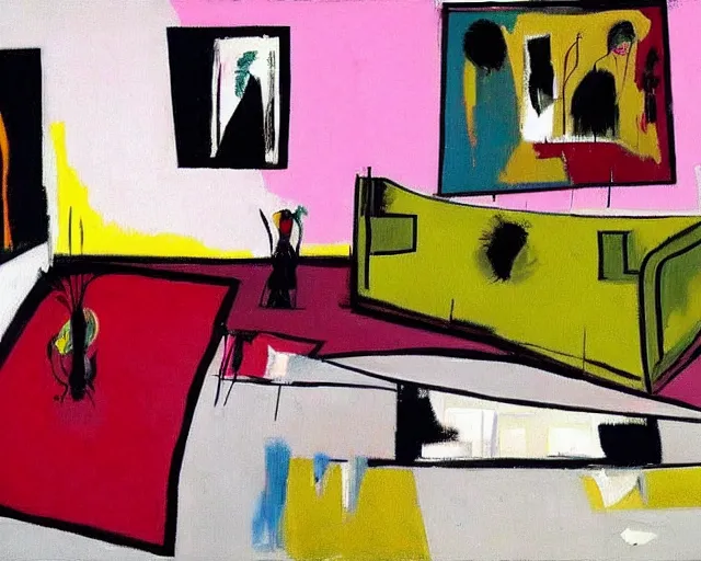 Image similar to painting of an empty living room by graham sutherland, basquiat, neo - expressionism, pastel colors!!!