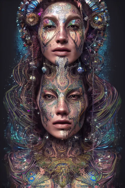 Image similar to a centered render of an mytical festival hippy with tribal tattoos wearing intricate metallic clothing surrounded by a underwater ink pour and flowing liquid gallium and sacred geometry, perfect body and face, gorgeous, cinematic, beautifully lit, by alberto seveso, by zack snyder, by donato giancola, 3 d, trending on artstation, octane render, 8 k