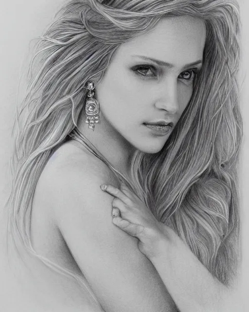 Image similar to pencil drawing of a beautiful greek goddess aphrodite with arrowhead earrings, beautiful piercing eyes, beautiful blonde hair, hyper realistic face, in the style of greg rutkowski, fantasy, amazing detail, epic, elegant, smooth, sharp focus, from the front