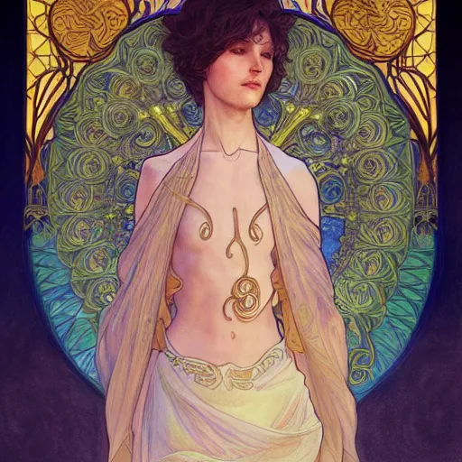 Image similar to an angelic boy, highly detailed, very intricate, art nouveau, gold filigree, romantic storybook fantasy, soft cinematic lighting, award winning, disney concept art watercolor illustration by mandy jurgens and alphonse mucha and alena aenami, pastel color palette, featured on artstation