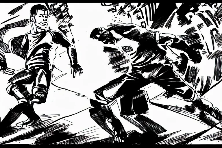 Image similar to cristiano ronaldo playing football, a page from cyberpunk 2 0 2 0, style of paolo parente, style of mike jackson, adam smasher, johnny silverhand, 1 9 9 0 s comic book style, white background, ink drawing, black and white