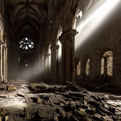 Image similar to a ruined cathedral with skeletal remains on the floor, sunlight shining through holes on the ruin walls, dark red orbs float inside the ruined cathedral, realistic lighting