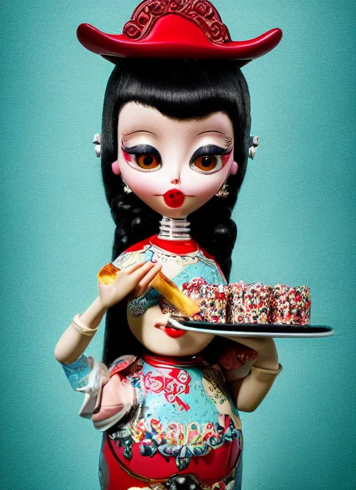 Image similar to closeup portrait of tin toy tin toy elvira eating cakes, depth of field, zeiss lens, detailed, symmetrical, centered, fashion photoshoot, by nicoletta ceccoli, mark ryden, lostfish, earl nore, hyung tae, frank frazetta, breathtaking, 8 k resolution, extremely detailed, beautiful, establishing shot, artistic, hyperrealistic, octane render