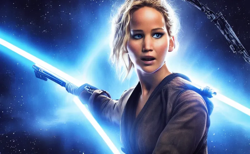 Prompt: jennifer lawrence as a jedi holding up a blue lightsaber, very dark background, official new star wars episode xi movie poster from lucas arts, perfect symmetrical face, full moon, moody lighting, 8 k, shallow depth of field, intricate detail,